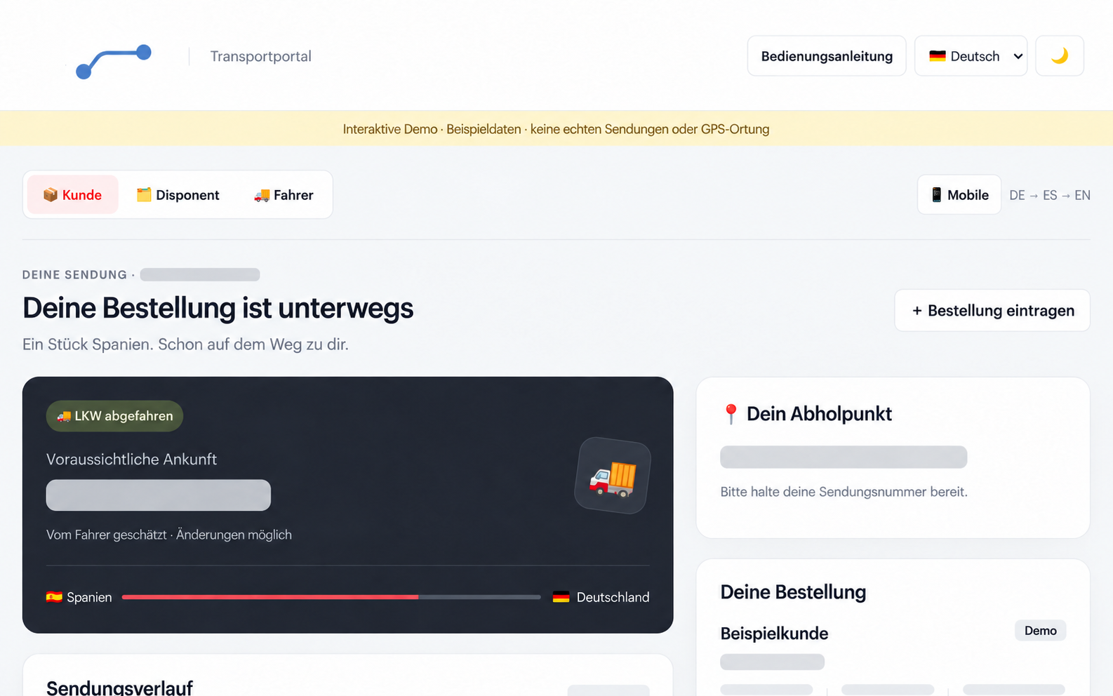Anonymisierte Demo eines Spanien-Transportportals mit Kunden-, Disponenten- und Fahreransicht sowie Sendungsverlauf; ohne Spediteurslogo, Firmennamen und persönliche Angaben